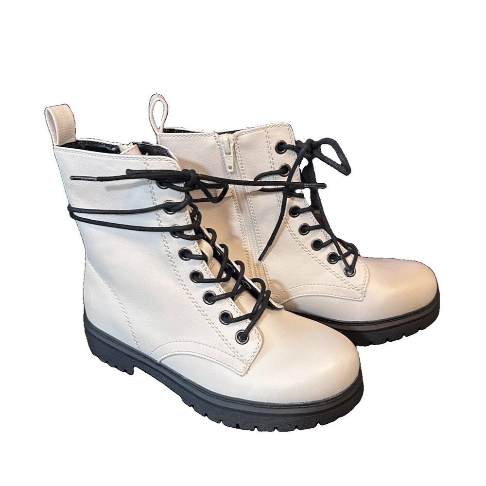 SO White Combat Boots Womens 6.5 Lace Up Side Zip Ankle Lug Sole Vegan